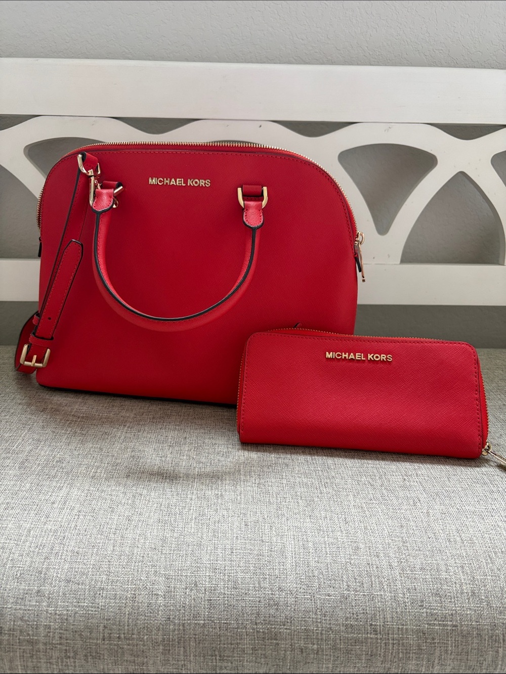 MICHAEL KORS Red Saffiano Dome Satchel with Matching Wallet